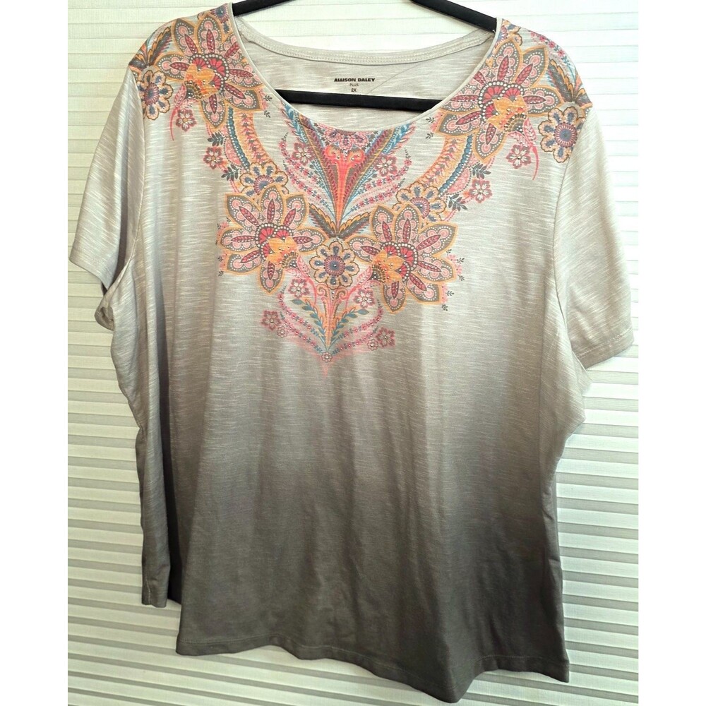 Allison Daley T-Shirt Top Womens Plus Size 2X Gray Ombre Short Sleeve Rhinestone
